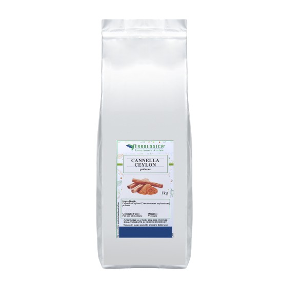 Cannella Ceylon Polvere 1kg Erbologica Amazonas Andes Pouch Argentato Confezione pouch argentata da 1kg di Cannella Ceylon in polvere (Cinnamomum zeylanicum) Erbologica Amazonas Andes.