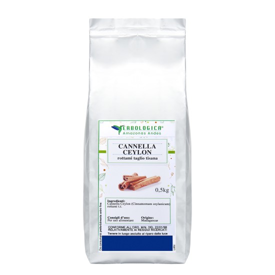 Confezione pouch argentata da 500g di Cannella Ceylon rottami taglio tisana (Cinnamomum zeylanicum) Erbologica Amazonas Andes.