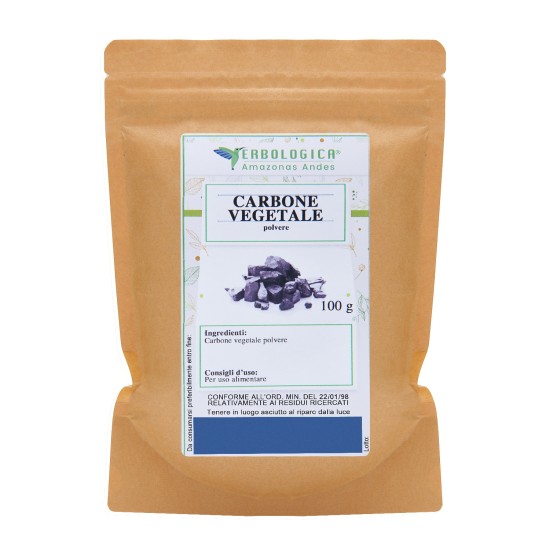 Sacchetto kraft da 100g di Carbone Vegetale in polvere Erbologica Amazonas Andes con etichetta frontale del prodotto.