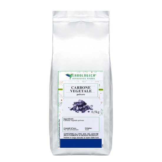 Confezione argentata da 500g di Carbone Vegetale in polvere Erbologica Amazonas Andes con etichetta frontale del prodotto.