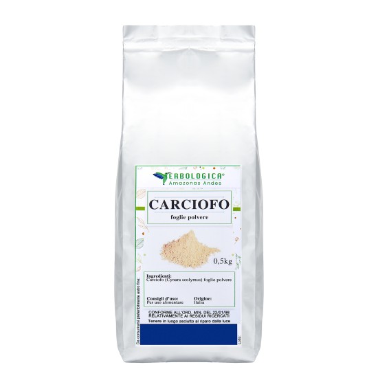 Carciofo Foglie Polvere 500g Erbologica Amazonas Andes Pouch Argentato Pouch argentato da 500g di Carciofo (Cynara scolymus) foglie polvere Erbologica Amazonas Andes