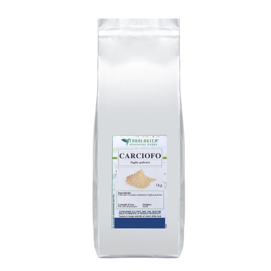 Carciofo Foglie Polvere 1kg Erbologica Amazonas Andes Pouch Argentato Confezione argentata da 1kg di Carciofo (Cynara scolymus) foglie polvere Erbologica Amazonas Andes