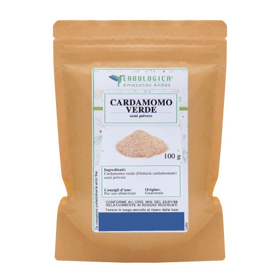 Cardamomo Verde Semi Polvere 100g Erbologica Amazonas Andes Sacchetto Kraft Sacchetto kraft da 100g di Cardamomo Verde (Elettaria cardamomum) semi polvere Erbologica Amazonas Andes
