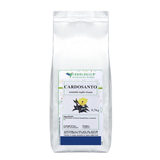 Cardosanto Sommità Taglio Tisana 500g Erbologica Amazonas Andes Pouch Argentato Pouch argentato da 500g di Cardosanto (Cnicus benedictus) sommità taglio tisana Erbologica Amazonas Andes