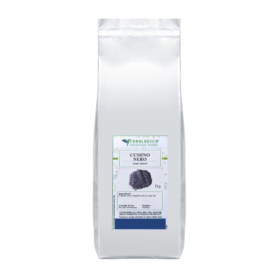 Busta di Cumino Nero Semi (Nigella sativa) 1kg Erbologica Amazonas Andes su sfondo bianco