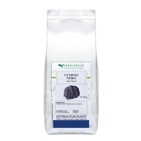 Busta di Cumino Nero Semi (Nigella sativa) 500g Erbologica Amazonas Andes su sfondo bianco