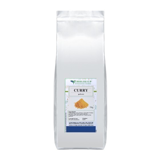 Confezione di Curry in Polvere 1 kg Erbologica Amazonas Andes in busta richiudibile per uso alimentare.