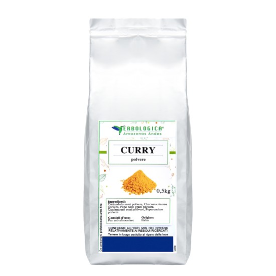 Busta di Curry in Polvere 500 g Erbologica Amazonas Andes richiudibile per uso alimentare.
