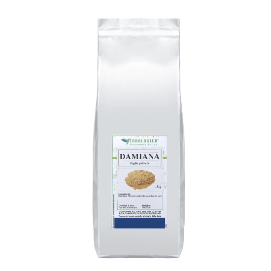 Confezione di Damiana in Polvere 1 kg Erbologica Amazonas Andes in busta richiudibile per uso alimentare.