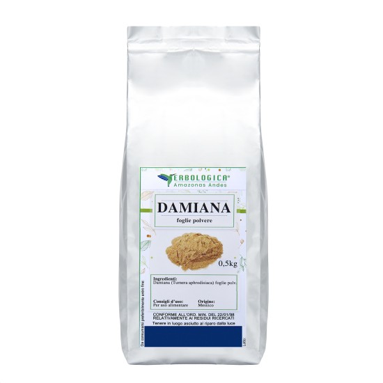 Confezione di Damiana in Polvere 500 g Erbologica Amazonas Andes in busta richiudibile per uso alimentare.