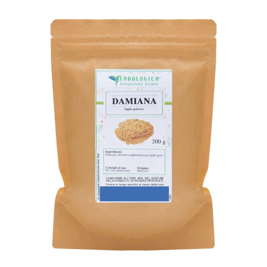 Damiana in Polvere 200g Erbologica Amazonas Andes in confezione richiudibile, foglie in polvere naturali per uso alimentare.