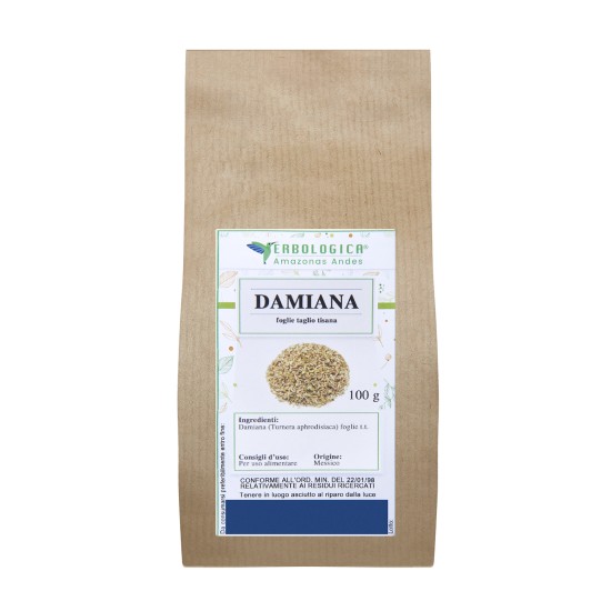 Damiana Foglie Taglio Tisana 100g Erbologica Amazonas Andes in confezione richiudibile, foglie taglio tisana naturali per uso alimentare.