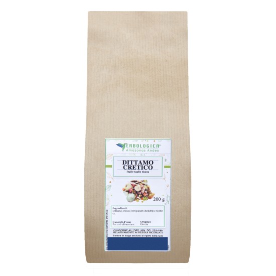 Busta Dittamo Cretico Foglie Tisana 200 g Erbologica Amazonas Andes Busta da 200 g di Dittamo Cretico Foglie Tisana Erbologica Amazonas Andes con etichetta frontale originale