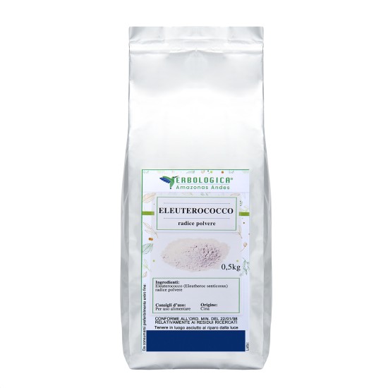 Eleuterococco Radice in Polvere 500g confezione Erbologica Amazonas Andes busta in alluminio con polvere naturale per uso alimentare