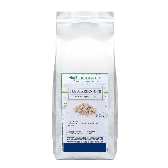 Confezione da 500gr di Eleuterococco radice taglio tisana Erbologica Amazonas Andes in busta con etichetta frontale per infuso naturale