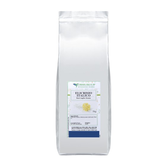 Elicriso Fiori Tisana 1kg Erbologica Amazonas Andes Confezione da 1kg di Elicriso fiori tisana Erbologica Amazonas Andes in busta con etichetta frontale per infuso naturale