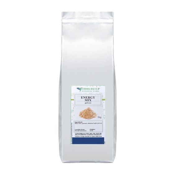 Confezione di Energy Mix in Polvere 1 kg Erbologica Amazonas Andes con maca nera, guaranà e damiana in polvere.