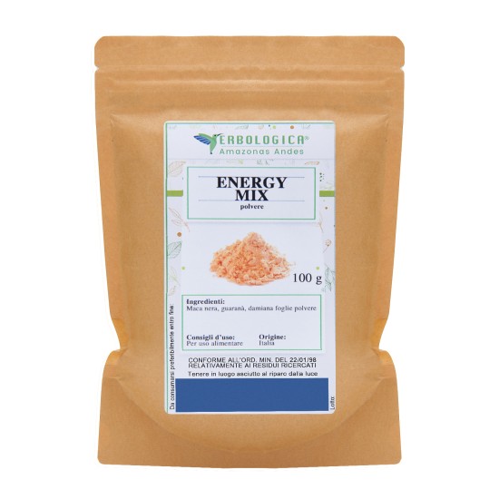 Confezione di Energy Mix in Polvere 100 g Erbologica Amazonas Andes con maca nera, guaranà e damiana in polvere.