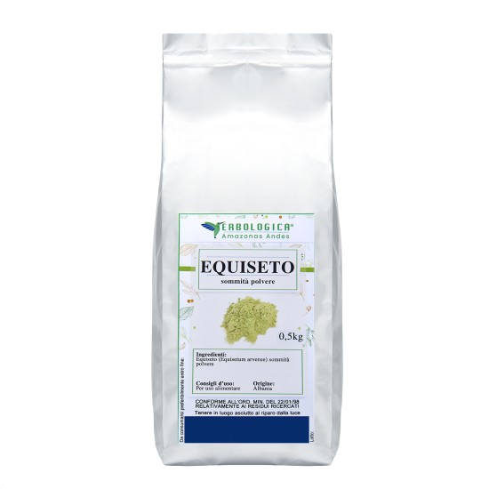 Equiseto in Polvere 500gr Erbologica Amazonas Andes Busta da 500gr di Equiseto in Polvere Erbologica Amazonas Andes, polvere di Equisetum arvense per preparazioni erboristiche e uso alimentare.