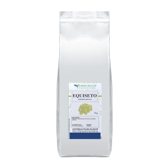 Equiseto in Polvere 1kg Erbologica Amazonas Andes Sacchetto da 1kg di Equiseto in Polvere Erbologica Amazonas Andes, polvere di Equisetum arvense per preparazioni erboristiche e uso alimentare.