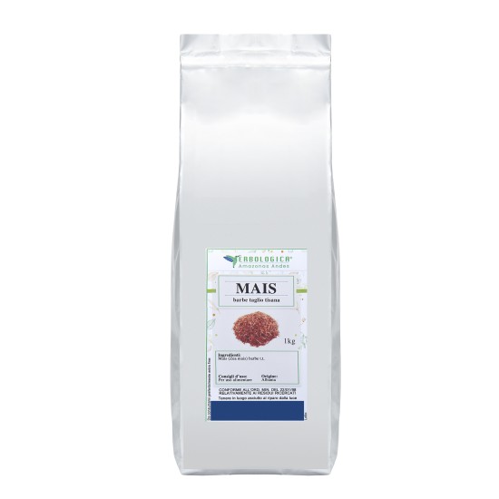 Confezione da 1kg di Mais barbe taglio tisana Erbologica Amazonas Andes in busta argentata su sfondo bianco.