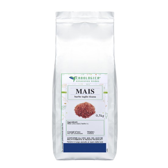 Busta argentata da 500g di Mais barbe taglio tisana Erbologica Amazonas Andes su sfondo bianco.