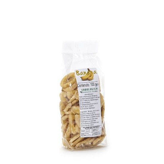 Confezione trasparente da 100g di banana essiccata Erbologica Amazonas Andes su sfondo bianco.