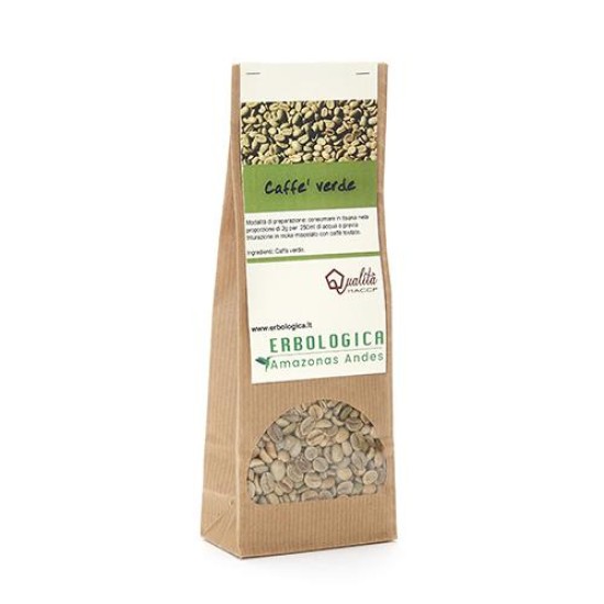 Sacchetto kraft da 100g di Caffè Verde in chicchi Erbologica Amazonas Andes con finestra trasparente frontale e chicchi di caffè verde visibili all'interno.