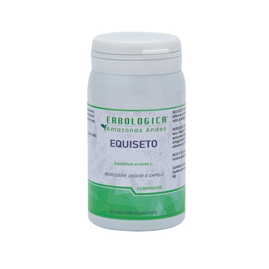 Flacone di Equiseto Estratto in Compresse 125 Compresse Erbologica Amazonas Andes, integratore alimentare a base di Equisetum arvense per il benessere di unghie e capelli.