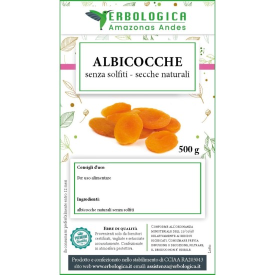 Confezione di albicocche secche naturali senza solfiti da 500 grammi Erbologica Amazonas Andes.