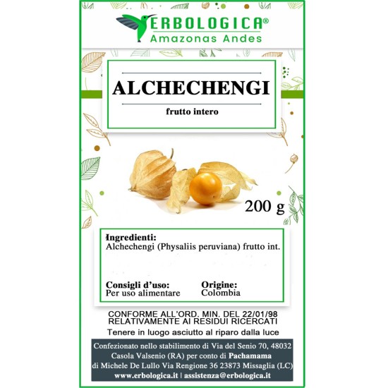 Alchechengi Frutto Intero 200g Erbologica Amazonas Andes Confezione da 200 g di Alchechengi frutto intero Erbologica Amazonas Andes in busta richiudibile per uso alimentare.