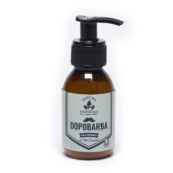 Dopo barba per pelli sensibili 135 ml con aloe vera, acido ialuronico, mentolo e olio essenziale di menta per idratare e lenire la pelle dopo la rasatura.
