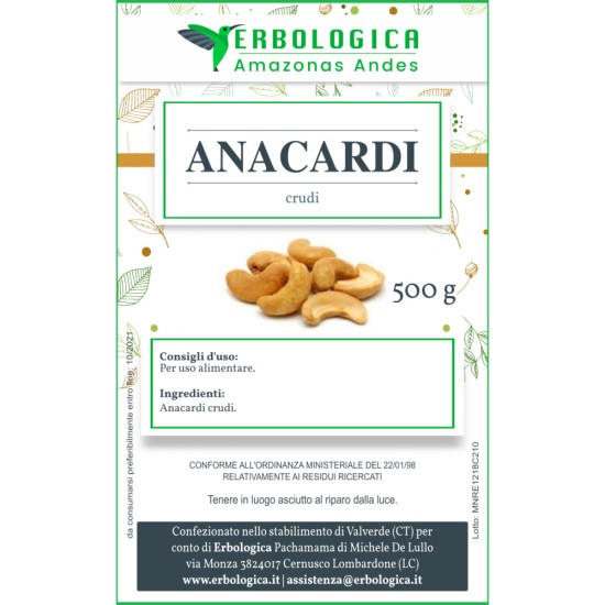 Busta kraft da 500 g di Anacardi crudi Erbologica Amazonas Andes con etichetta frontale illustrata.